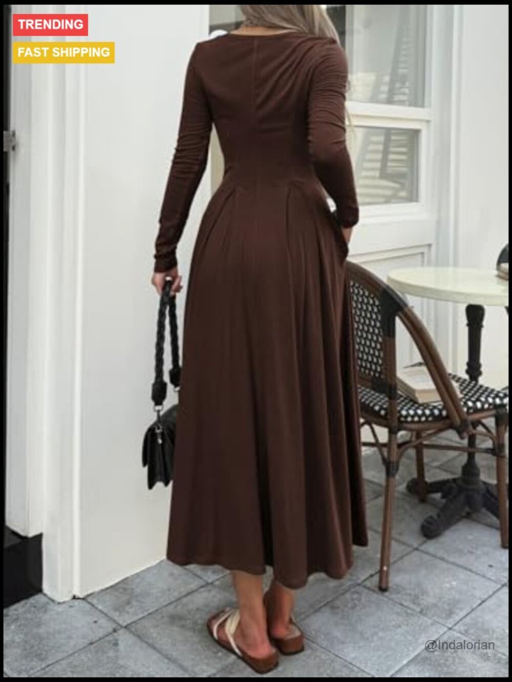 Long Sleeve Square Neck Maxi Dress A-Line Pleated Flowy with Pockets - Picture 5 of 6